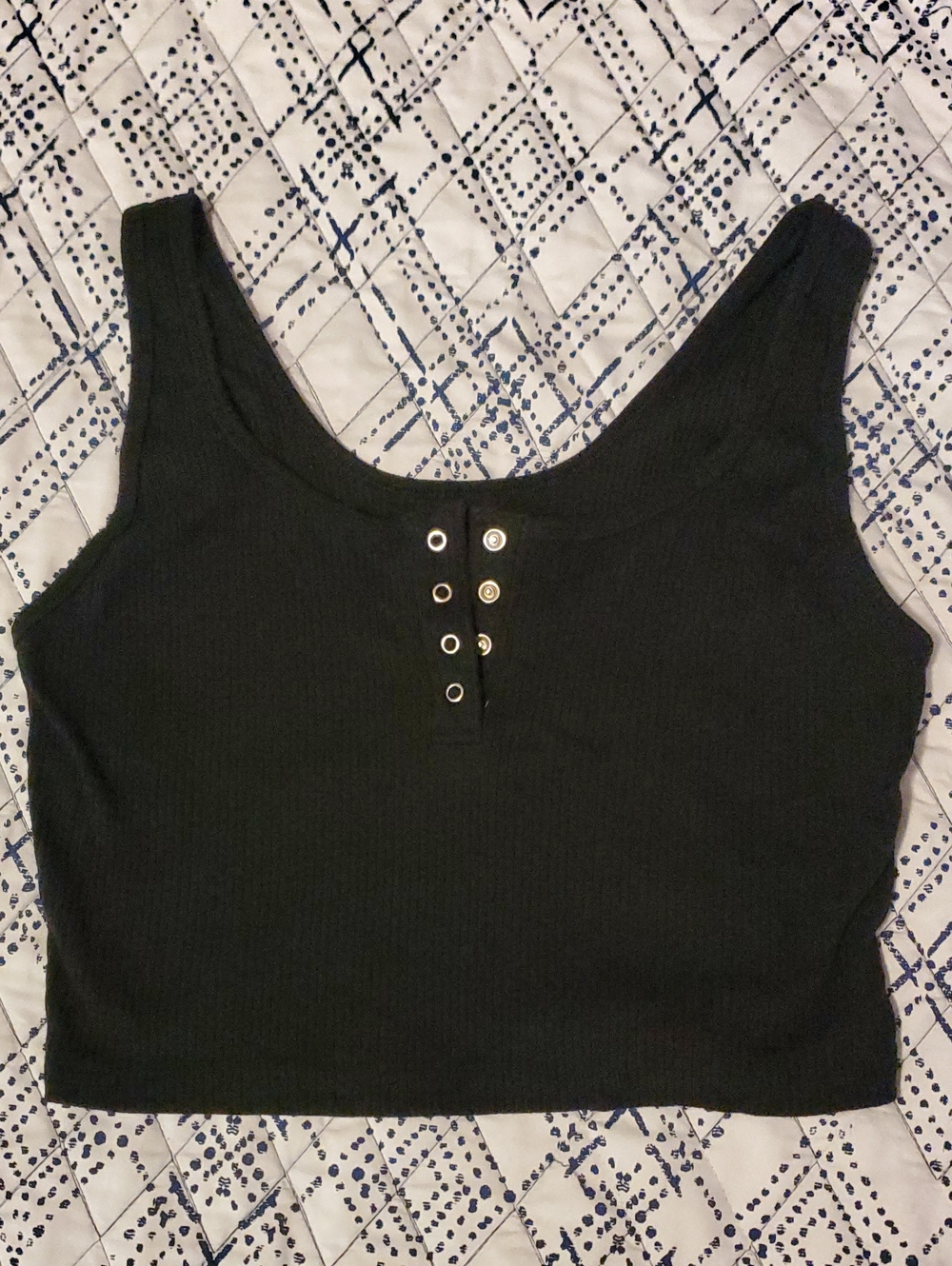 Black Ribbed Crop Tank with Front Snap Placket